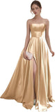 Women's Satin Prom Dresses with Slit Strapless A Line Corset Ball Gowns Spaghetti Straps Formal Evening Gowns with Pockets