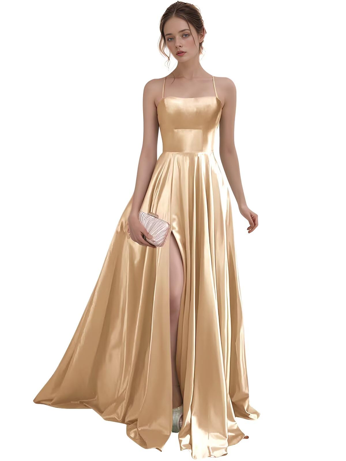 Women's Satin Prom Dresses with Slit Strapless A Line Corset Ball Gowns Spaghetti Straps Formal Evening Gowns with Pockets