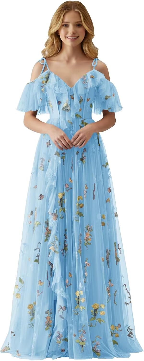 Fairy Tulle Junior Bridesmaid Dresses for Teen Girls Long Flower Embroidery Formal Prom Flower Girl Dress Gown with Slit