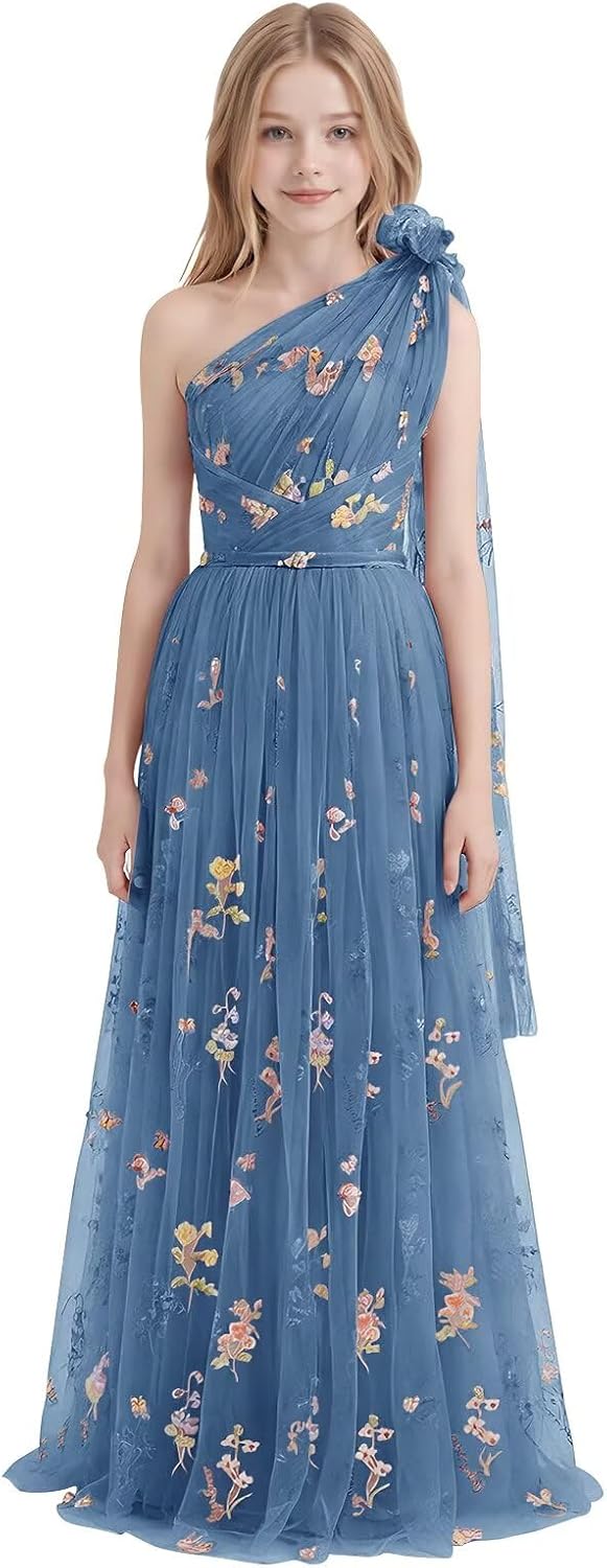 One Shoulder Long Tulle Junior Bridesmaid Dresses for Wedding Flower Girl Dress Formal Prom Gown