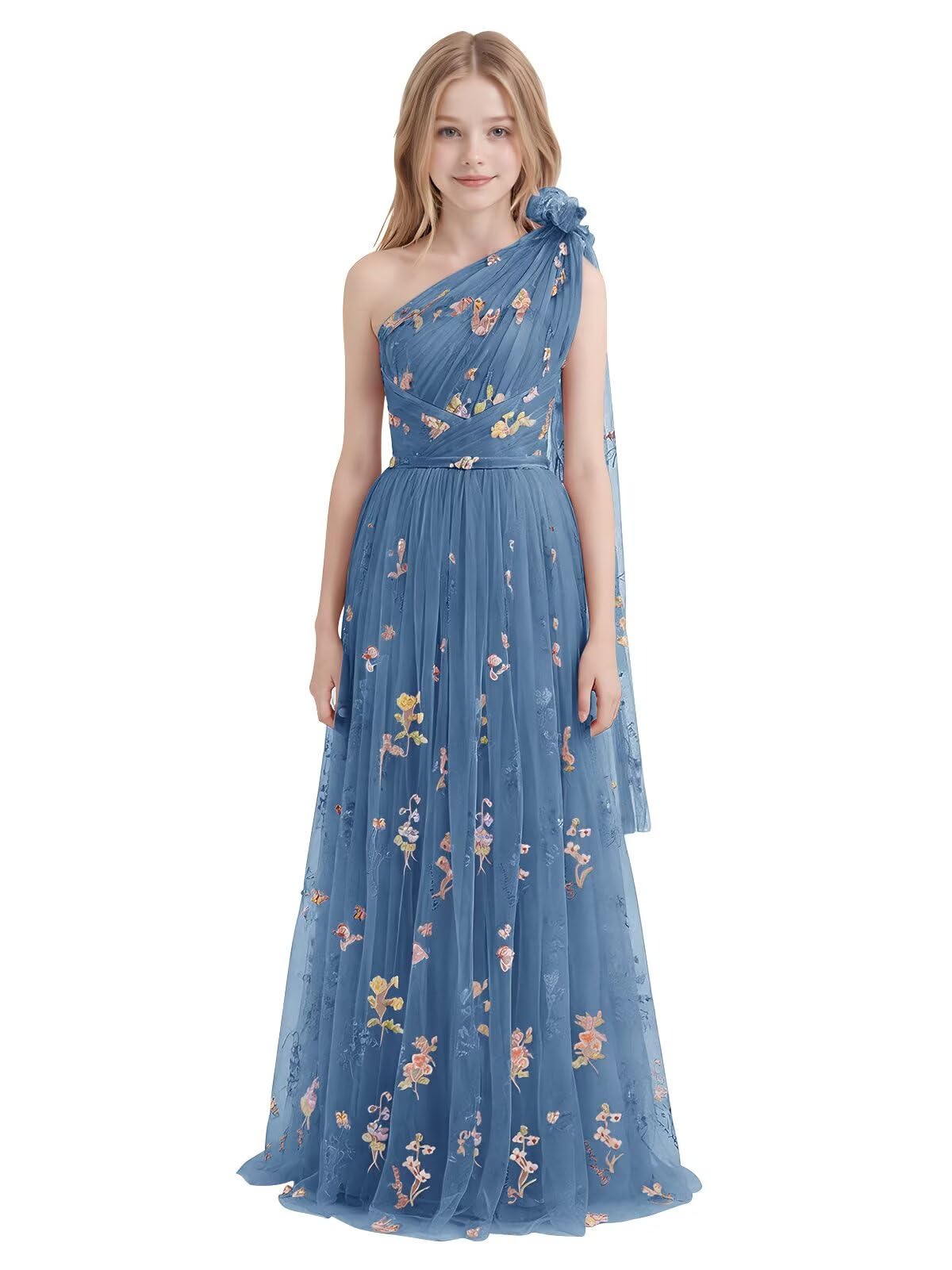 One Shoulder Long Tulle Junior Bridesmaid Dresses for Wedding Flower Girl Dress Formal Prom Gown