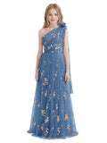 One Shoulder Long Tulle Junior Bridesmaid Dresses for Wedding Flower Girl Dress Formal Prom Gown