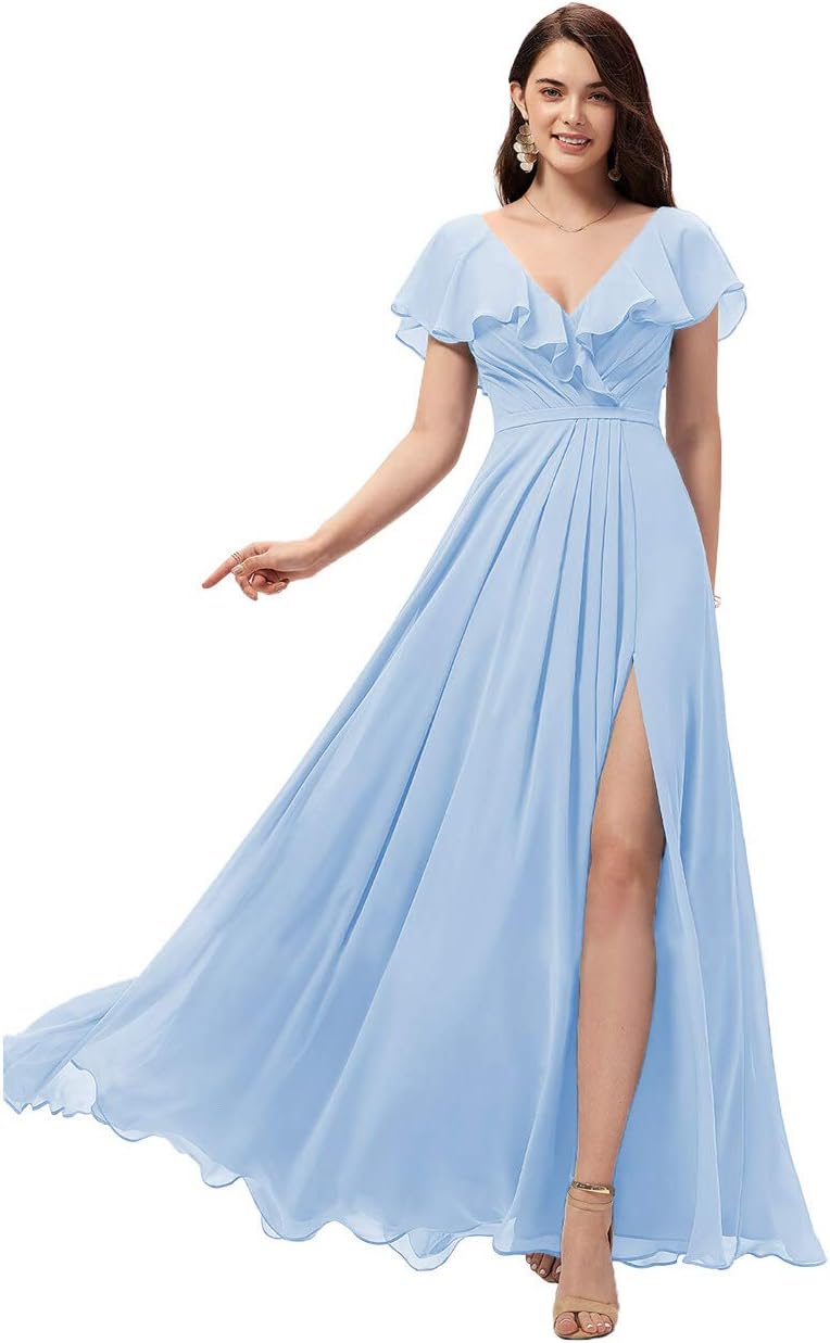 Vestidos de dama de honor largos con escote en V y volantes de gasa para mujer, vestidos de noche formales