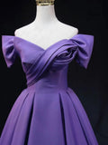 Off Shoulder Satin Prom Dresses for Women V-Neck Elegant A-Line Long Pleated Formal Evening Gown