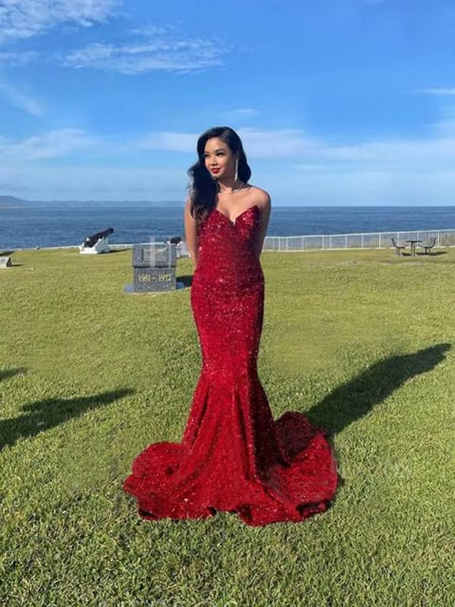 Women's Strapless Sequin Prom Dresses with Train Criss-Cross Mermaid Long Formal Evening Gowns
