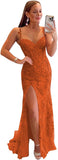 Women's Lace Mermaid Prom Dresses Long with Slit Mermaid Spaghetti Straps Backless Formal Evening Gowns