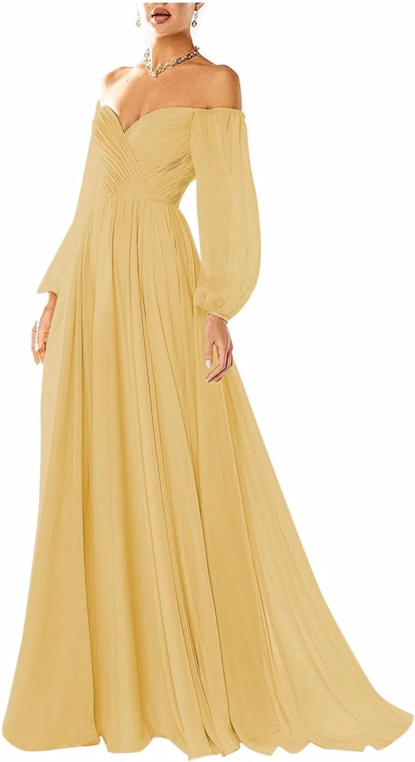 Vestido de fiesta con hombros descubiertos, manga larga, estilo formal, plisado, corte A, para mujer