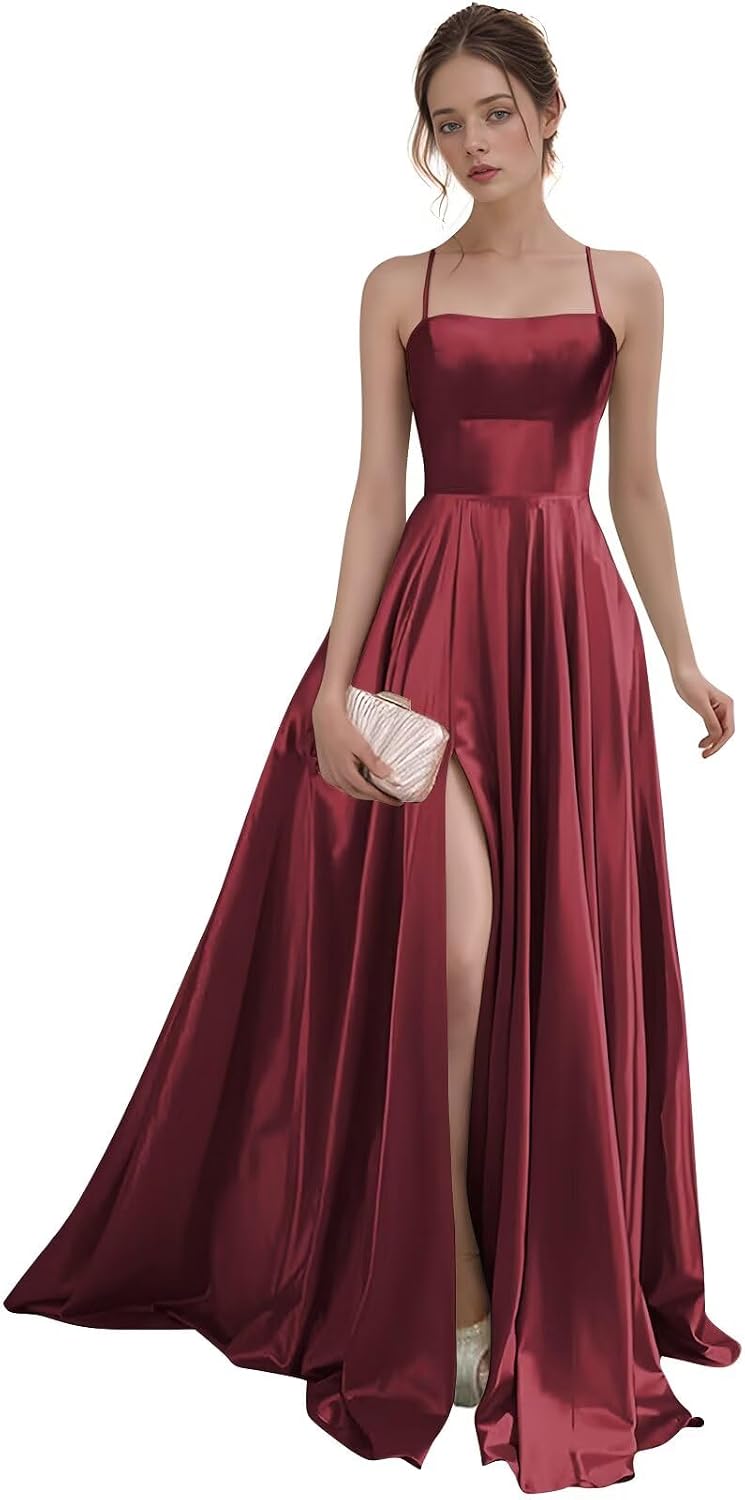 Women's Satin Prom Dresses with Slit Strapless A Line Corset Ball Gowns Spaghetti Straps Formal Evening Gowns with Pockets