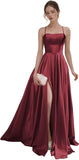 Women's Satin Prom Dresses with Slit Strapless A Line Corset Ball Gowns Spaghetti Straps Formal Evening Gowns with Pockets