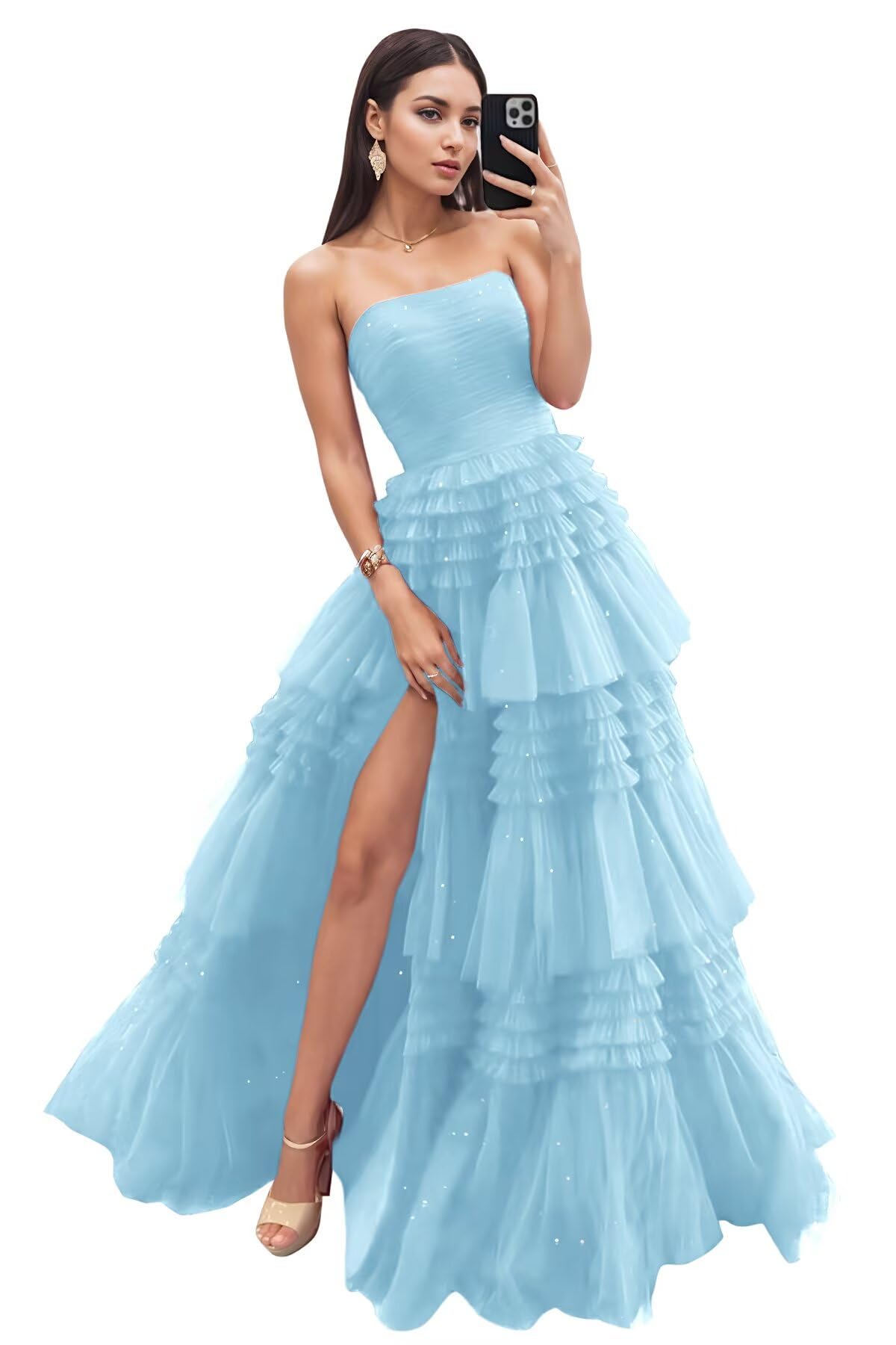 Strapless Tiered Tulle Prom Dresses for Women 2027 Long Sparkly A-Line Formal Evening Party Ball Gowns with Slit