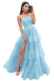 Strapless Tiered Tulle Prom Dresses for Women 2027 Long Sparkly A-Line Formal Evening Party Ball Gowns with Slit