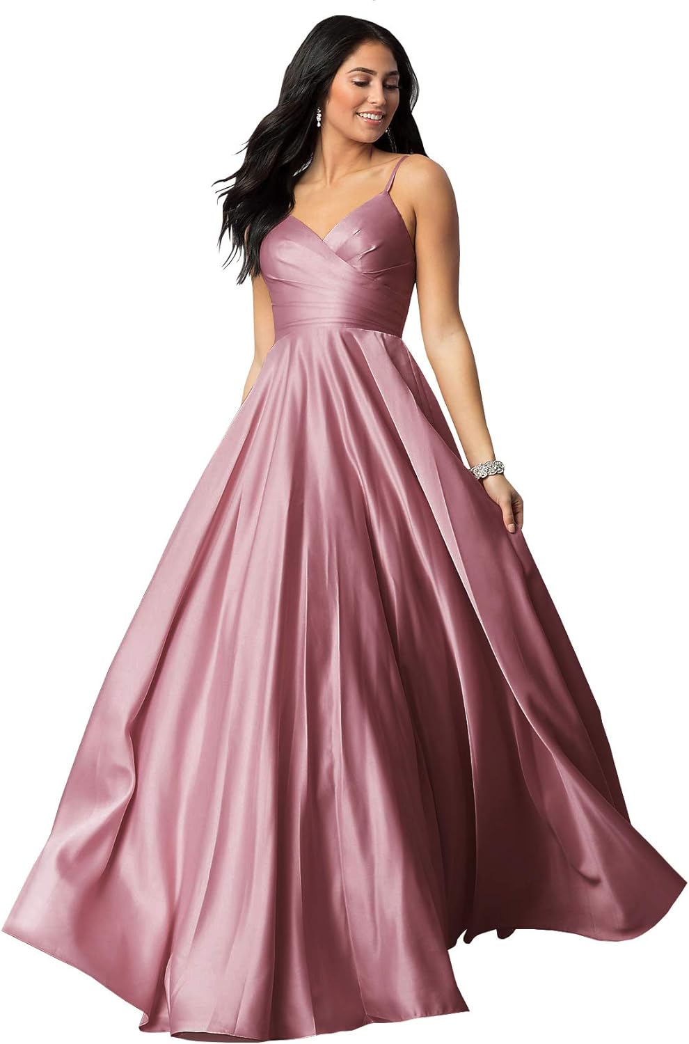 Women's Spaghetti Straps Satin Prom Dresses with Pockets V Neck Pleated Formal Evening Ball Gowns