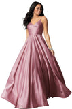 Women's Spaghetti Straps Satin Prom Dresses with Pockets V Neck Pleated Formal Evening Ball Gowns