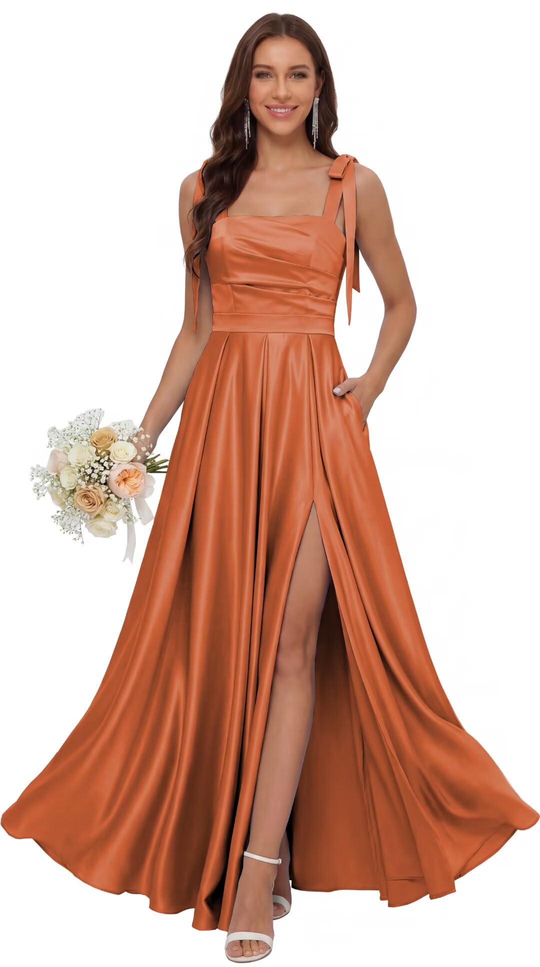 Satin Bridesmaid Dresses with Slit Spaghetti Straps Square Neck Long Formal Dress