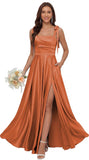 Satin Bridesmaid Dresses with Slit Spaghetti Straps Square Neck Long Formal Evening Dress
