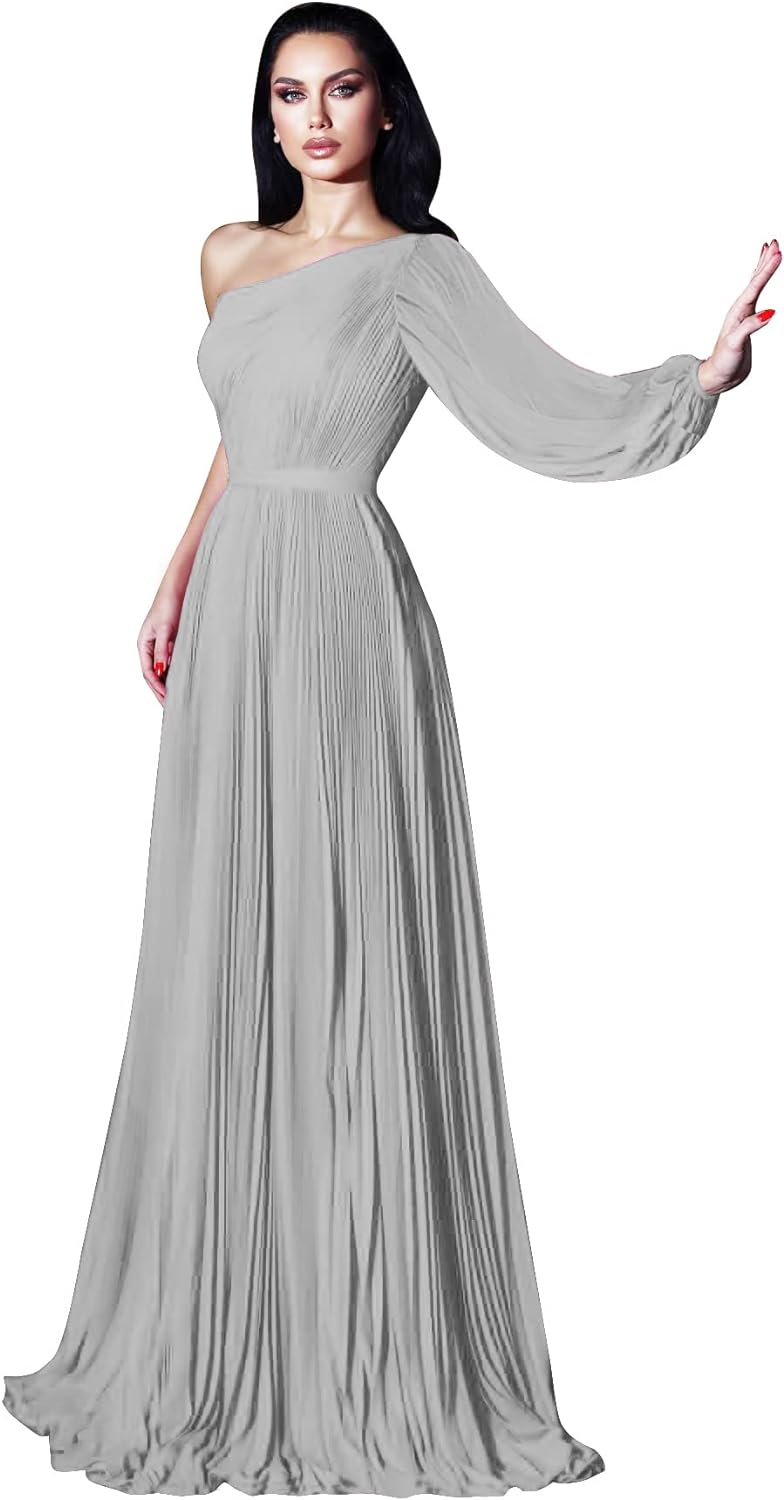 One Shoulder Mother of The Bride Dresses Long Sleeve Formal Dress Chiffon Evening Gowns for Women