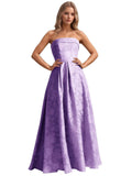 Jacquard Floral Prom Dresses Strapless Maxi Evening Gowns A-Line Ruched Formal Party Dress Elegant