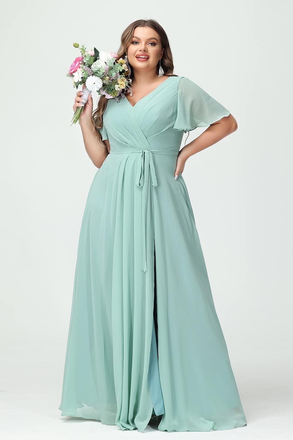 Plus Size Bridesmaid Dresses with Pockets V Neck Chiffon Flutter Sleeves Formal Evening Gowns with Slit