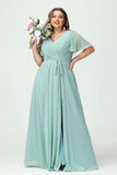 Plus Size Bridesmaid Dresses with Pockets V Neck Chiffon Flutter Sleeves Formal Evening Gowns with Slit
