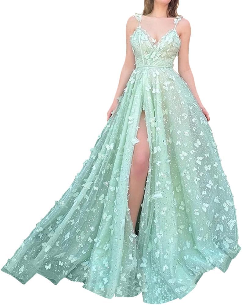 Sparkly Prom Dresses for Teens 2027 3D Butterfly Tulle Spaghetti Straps Long Slit Backless Party Gowns