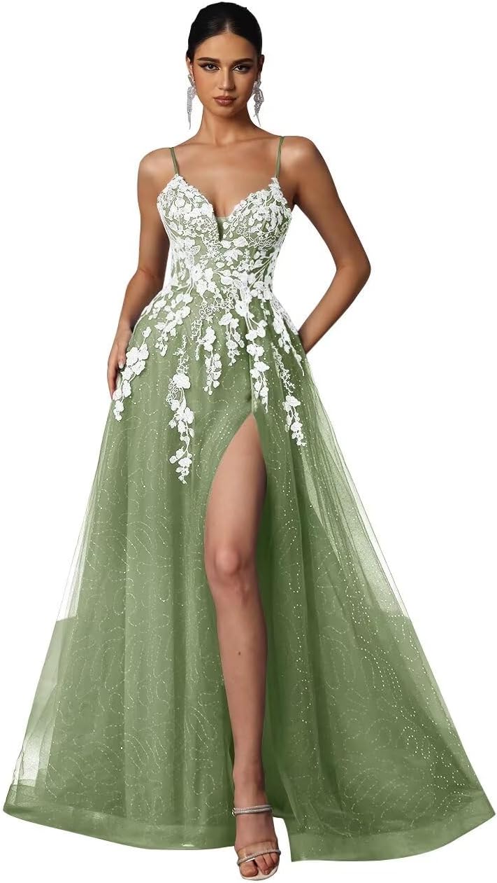 Tulle Prom Dresses 2027 Puffy Ball Gown for Women Formal V Neck Lace Appliques Evening Gown with Slit Long Homecoming Dress