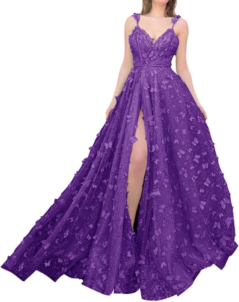 Sparkly Prom Dresses for Teens 2027 3D Butterfly Tulle Spaghetti Straps Long Slit Backless Party Gowns