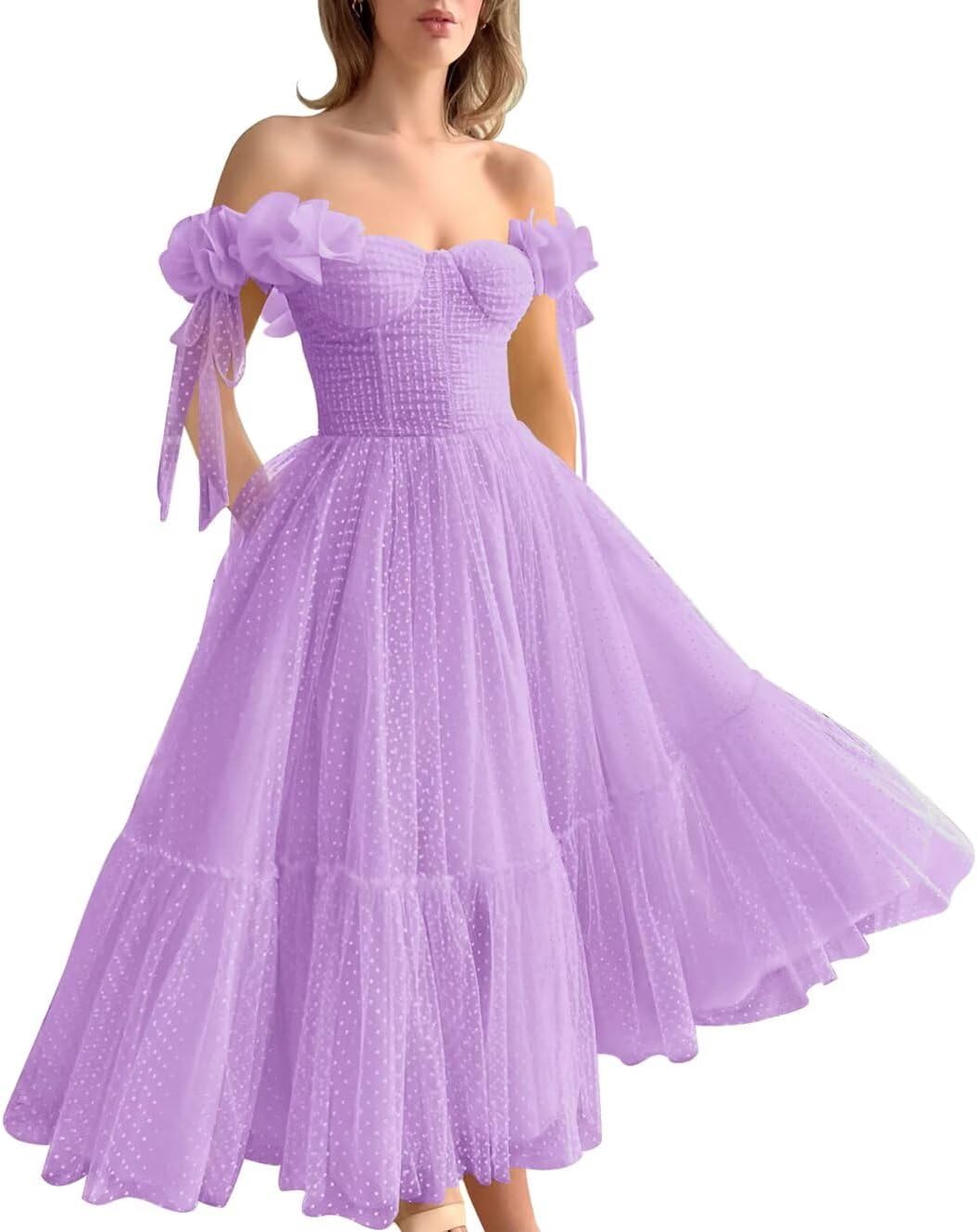 Dotted Tulle Off Shoulder Prom Dress for Women Sweetheart Midi Puffy Formal Party Gowns