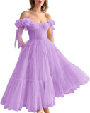 Dotted Tulle Off Shoulder Prom Dress for Women Sweetheart Midi Puffy Formal Party Gowns