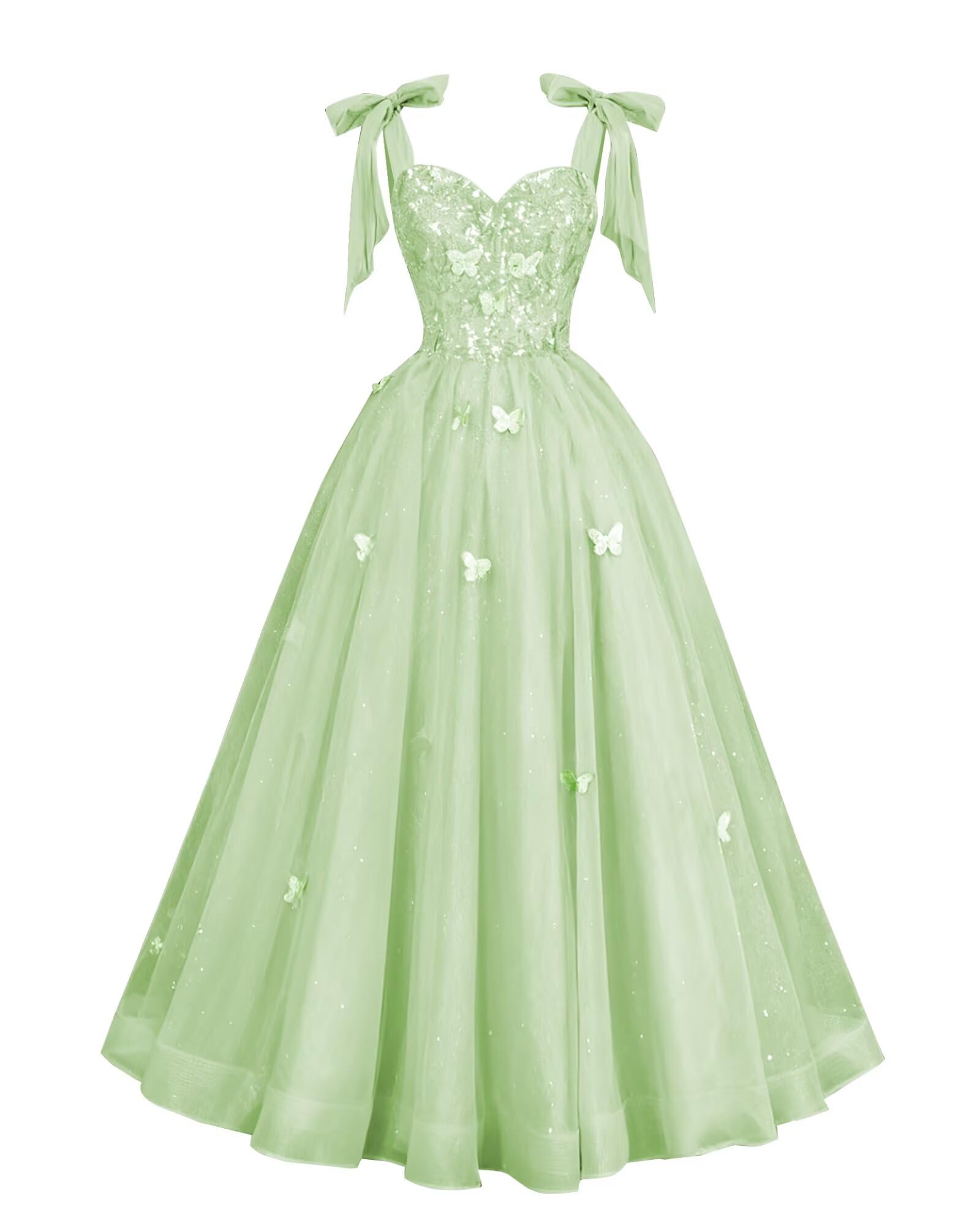 Glitter Tulle Prom Dress for Teens 3D Butterfly Long Ball Gowns Sequin Princess Quinceanera Dresses with Bow