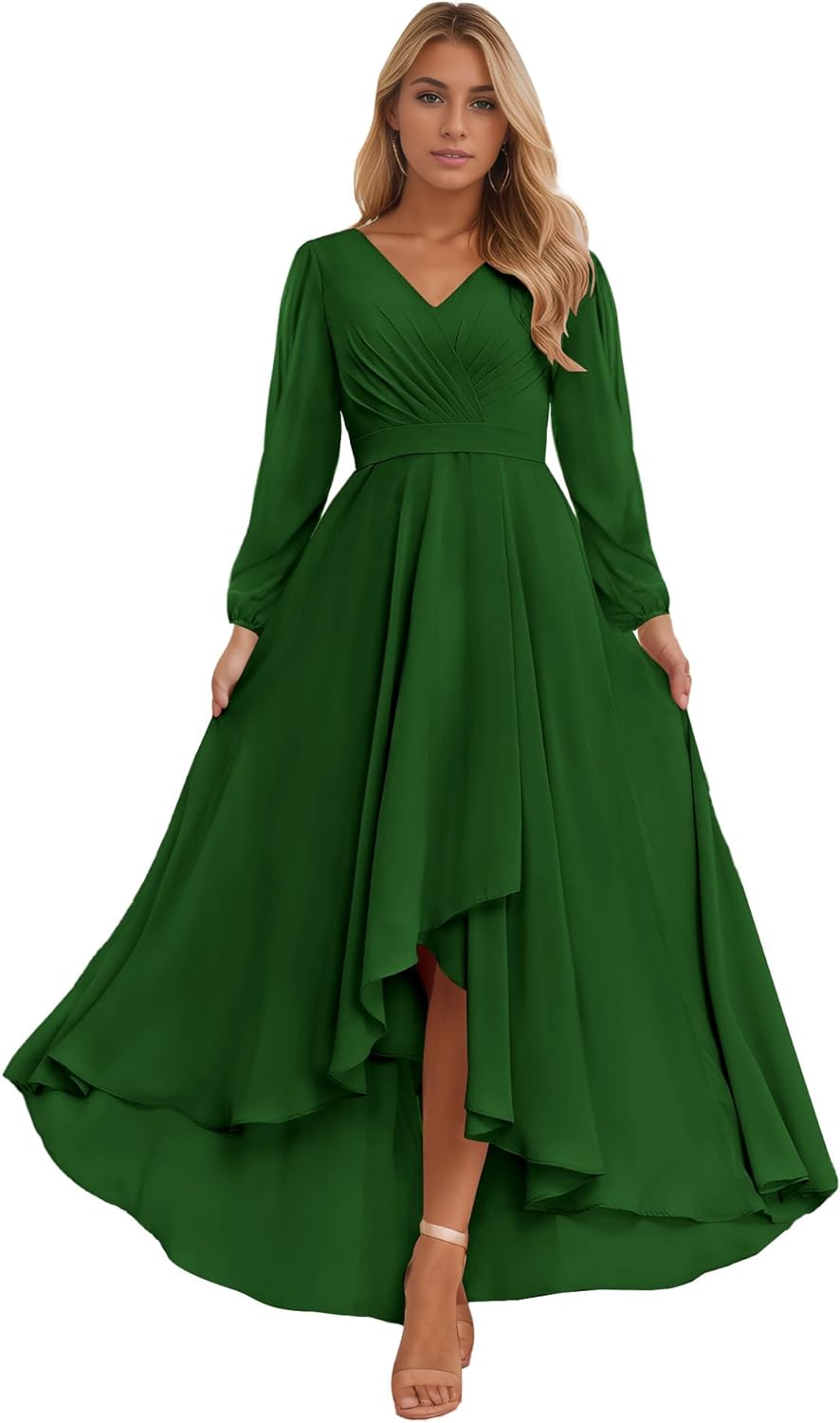 Long Sleeve Bridesmaid Dresses for Women 2025 V Neck Ruched Chiffon Formal Dress