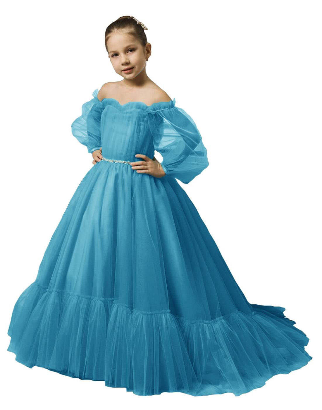 Puffy Sleeves Flower Girl Dress for Wedding Tulle Princess Pageant Dress Kids Prom Ball Gown with Belt