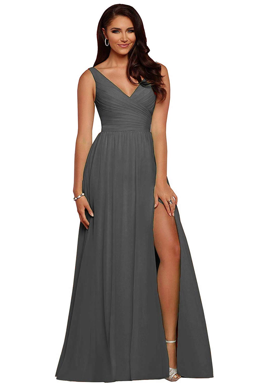 V Neck Chiffon Bridesmaid Dresses for Wedding 2027 Long Pleated Sleeveless Formal Prom Evening Gowns with Slit