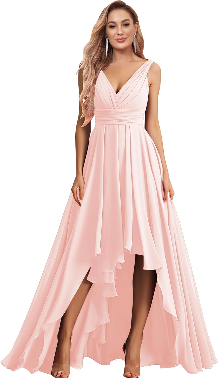 Vestidos de dama de honor con escote en V para mujer, para boda, con bolsillos, de gasa fruncida, largos, formales, para fiesta de graduación y noche.