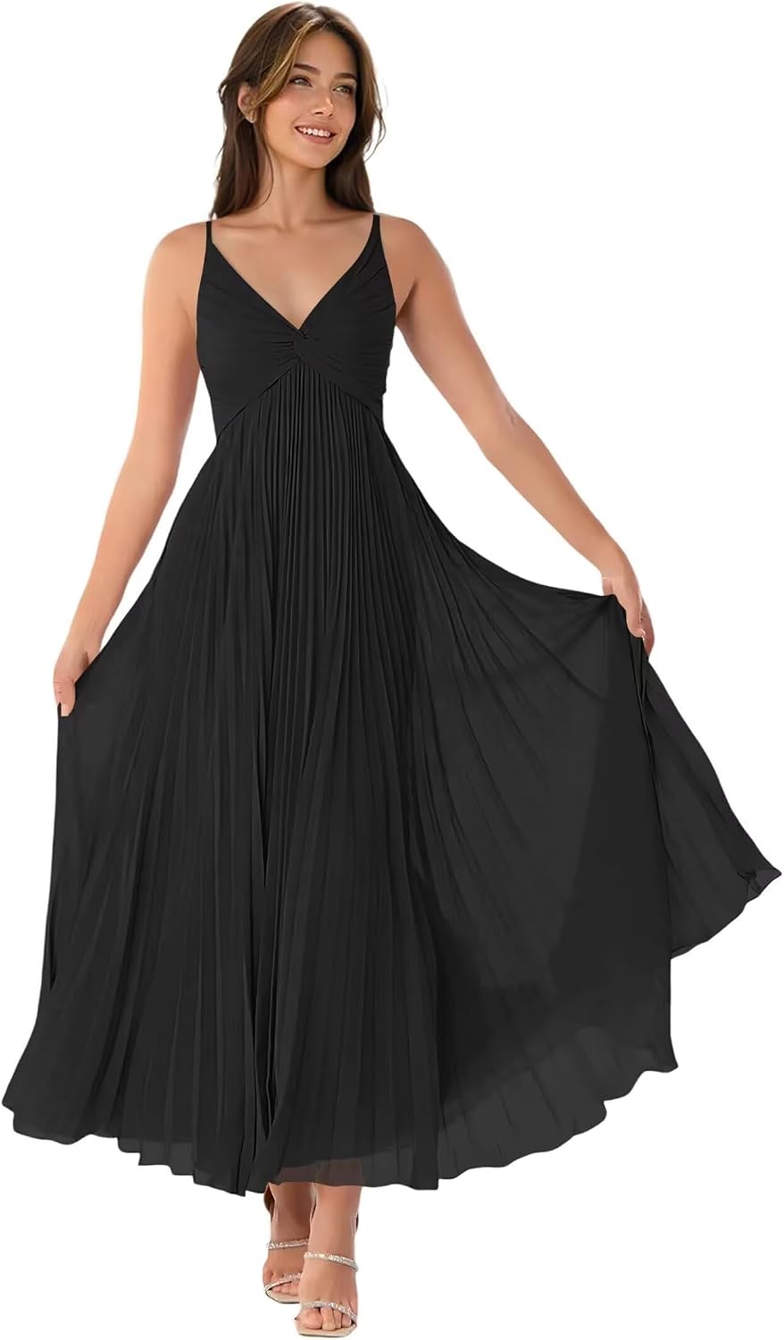 V-Neck Pleated Bridesmaid Dresses for Women Chiffon Spaghetti Straps Pleates Long Formal Wedding Guest Dress