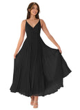 V-Neck Pleated Bridesmaid Dresses for Women Chiffon Spaghetti Straps Pleates Long Formal Wedding Guest Dress