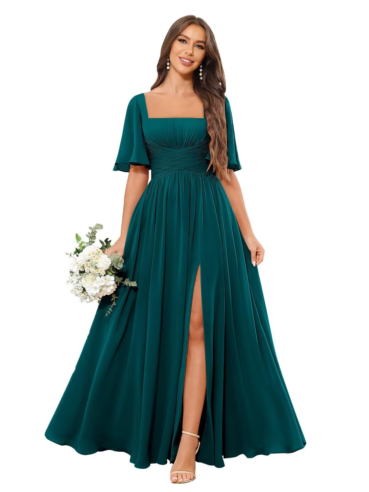 Square Neck Bridesmaid Dresses with Slit Pockets Flutter Sleeve Long Chiffon Formal Wedding Guest Dress