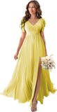 V Neck Flutter Sleeves Bridesmaid Dresses with Slit 2025 Chiffon Aline Pleats Formal Evening Gowns for Women