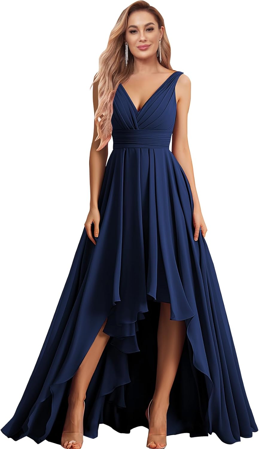Vestidos de dama de honor con escote en V para mujer, para boda, con bolsillos, de gasa fruncida, largos, formales, para fiesta de graduación y noche.