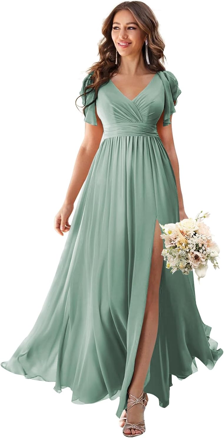 V Neck Flutter Sleeves Bridesmaid Dresses with Slit 2025 Chiffon Aline Pleats Formal Evening Gowns for Women