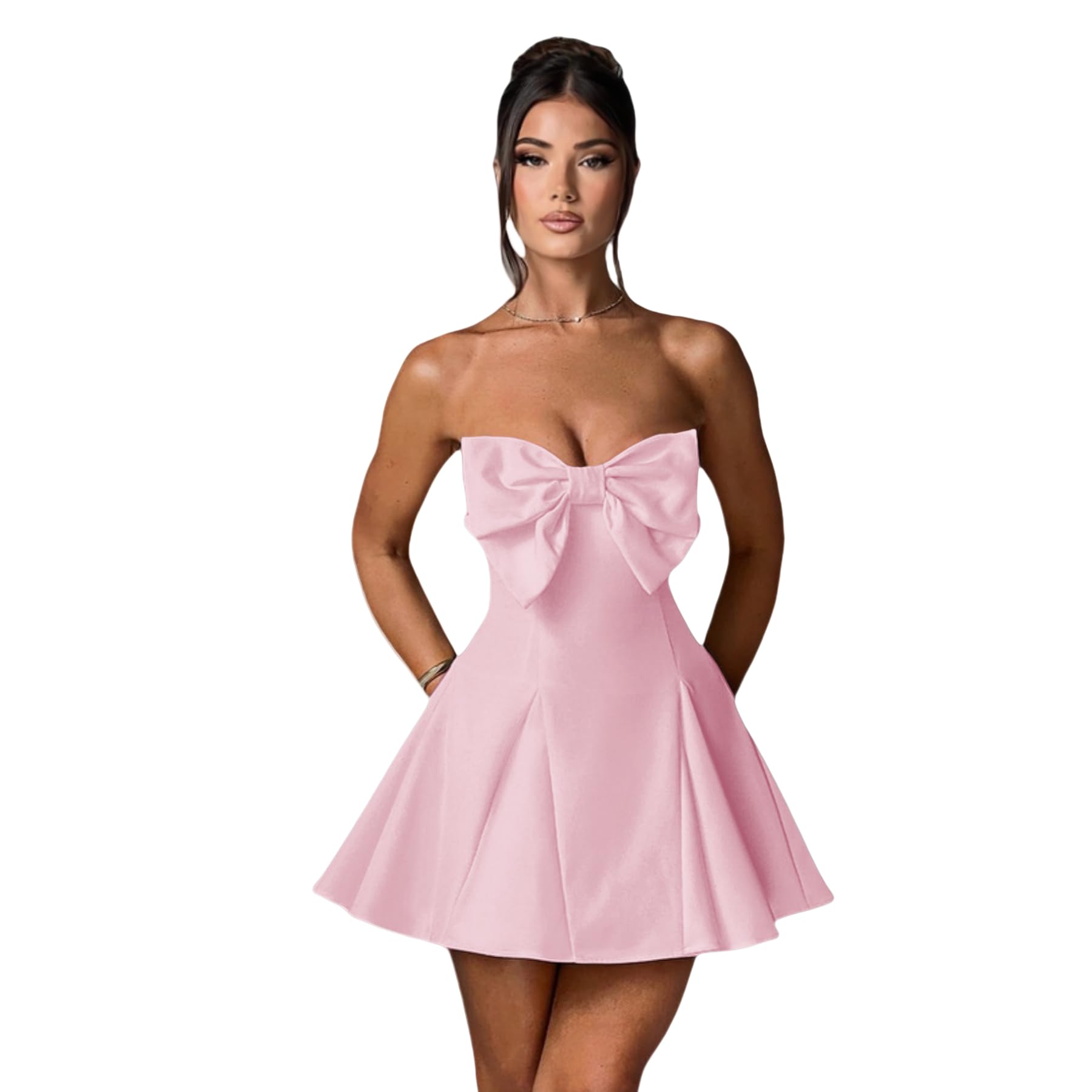 Women's Elegant Bow Strapless Homecoming Dress A Line Swing Tube Mini Dress Short Evening Party Prom Dress