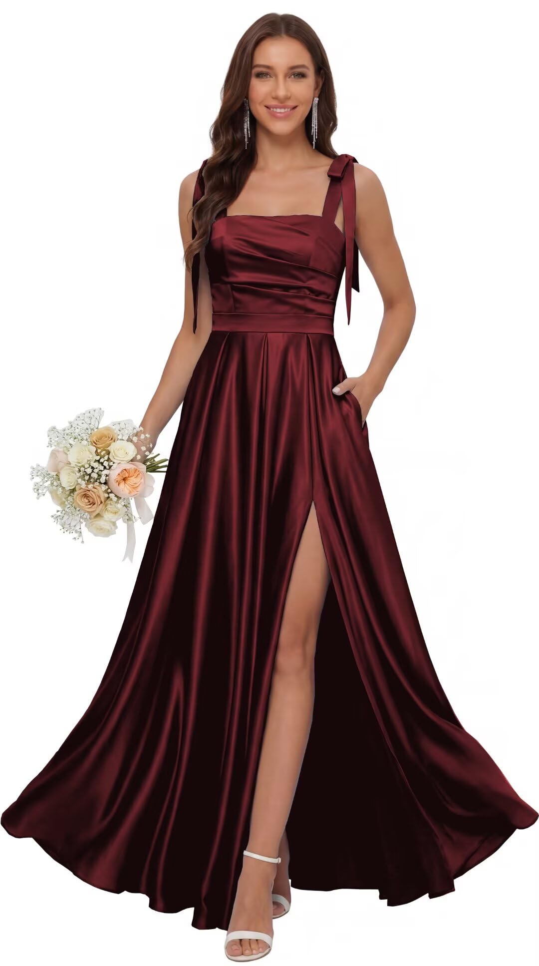 Satin Bridesmaid Dresses with Slit Spaghetti Straps Square Neck Long Formal Evening Dress