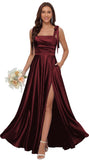 Satin Bridesmaid Dresses with Slit Spaghetti Straps Square Neck Long Formal Dress