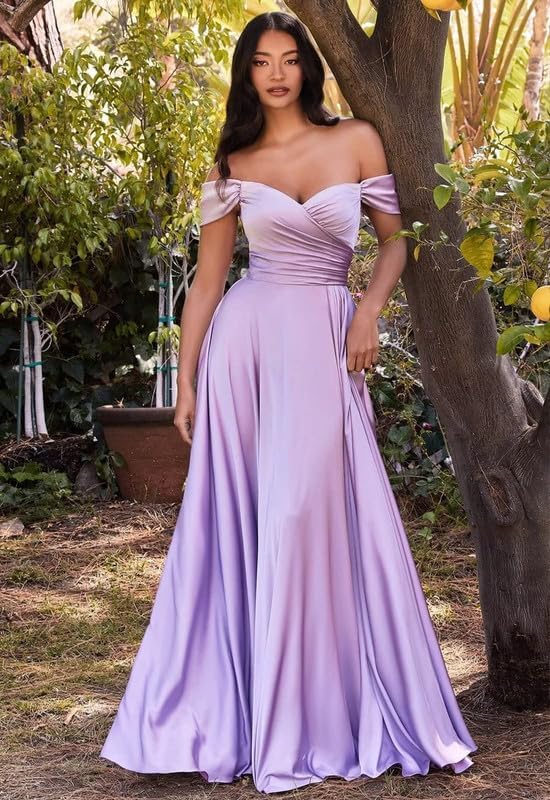 Womens Off Shoulder Prom Evening Dresses Satin Long Formal Wedding Guest Gowns Dress with Slit