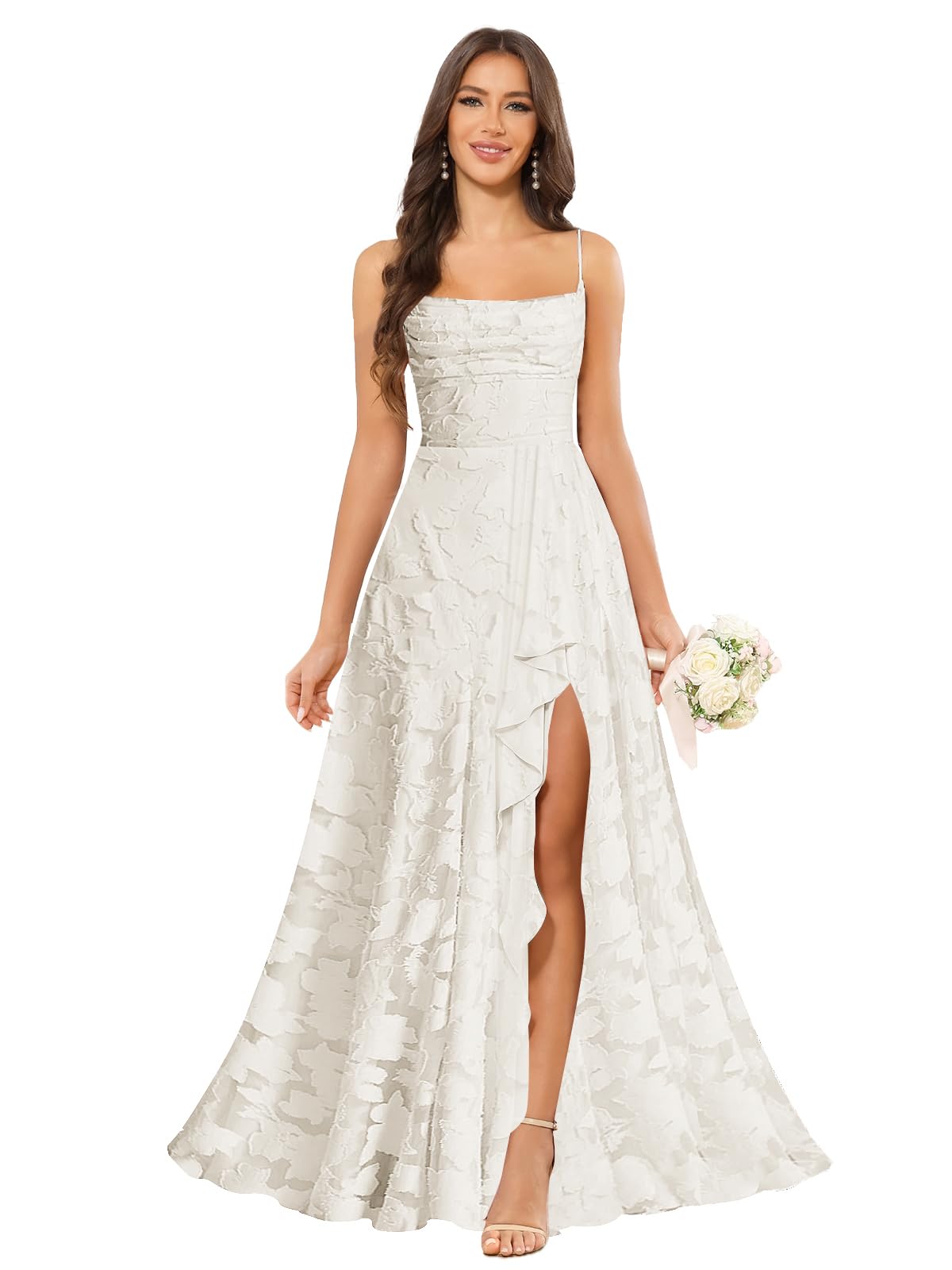 Women’s Ruffled Bridesmaid Dresses Scoop Neck Floral Chiffon Formal Dress Wrap Pleated Wedding Guest Dress
