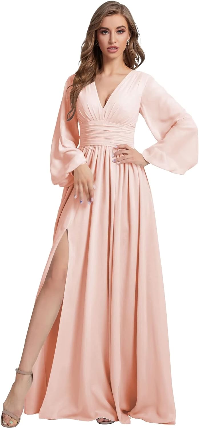 Womens V-Neck Long Sleeve Bridesmaid Dresses with Slit 2024 Ruched A-line Chiffon Prom Formal Dresses