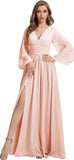 Womens V-Neck Long Sleeve Bridesmaid Dresses with Slit 2024 Ruched A-line Chiffon Prom Formal Dresses