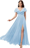 Vestidos de dama de honor largos con escote en V y volantes de gasa para mujer, vestidos de noche formales
