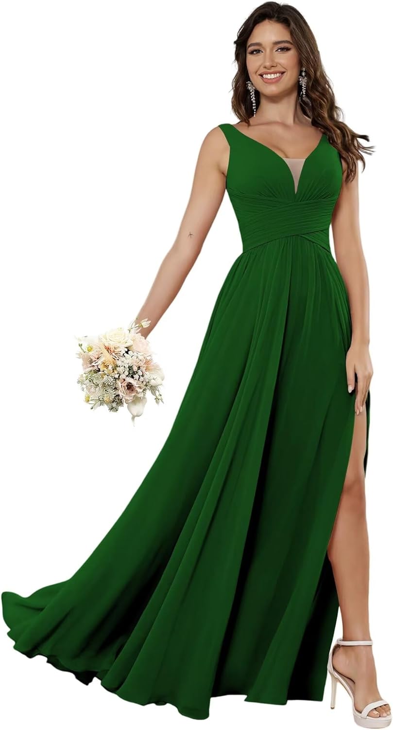 Vestidos de dama de honor sencillos de gasa para mujer con bolsillos, vestidos formales largos con escote en V y abertura 