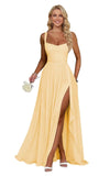 Ruffle Chiffon Bridesmaid Dress Long Square Neck Pleated Formal Gowns with Slit for Women Plus Size Spaghetti Straps Ruffles
