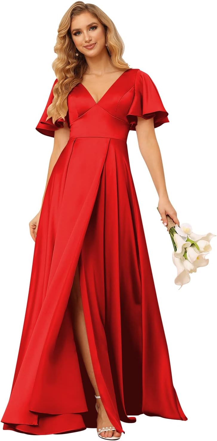 Women's V Neck Ruffle Sleeves Bridesmaid Dresses with Slit 2025 Satin A-Line Formal Evening Gowns